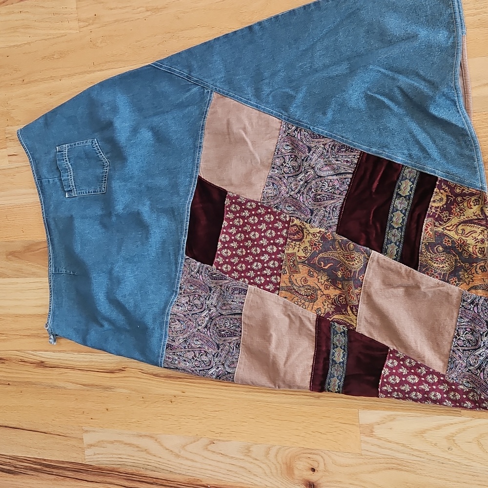 J. Jill Blue Vintage Boho Hippie Denim  Patched Skirt - Picture 8 of 10